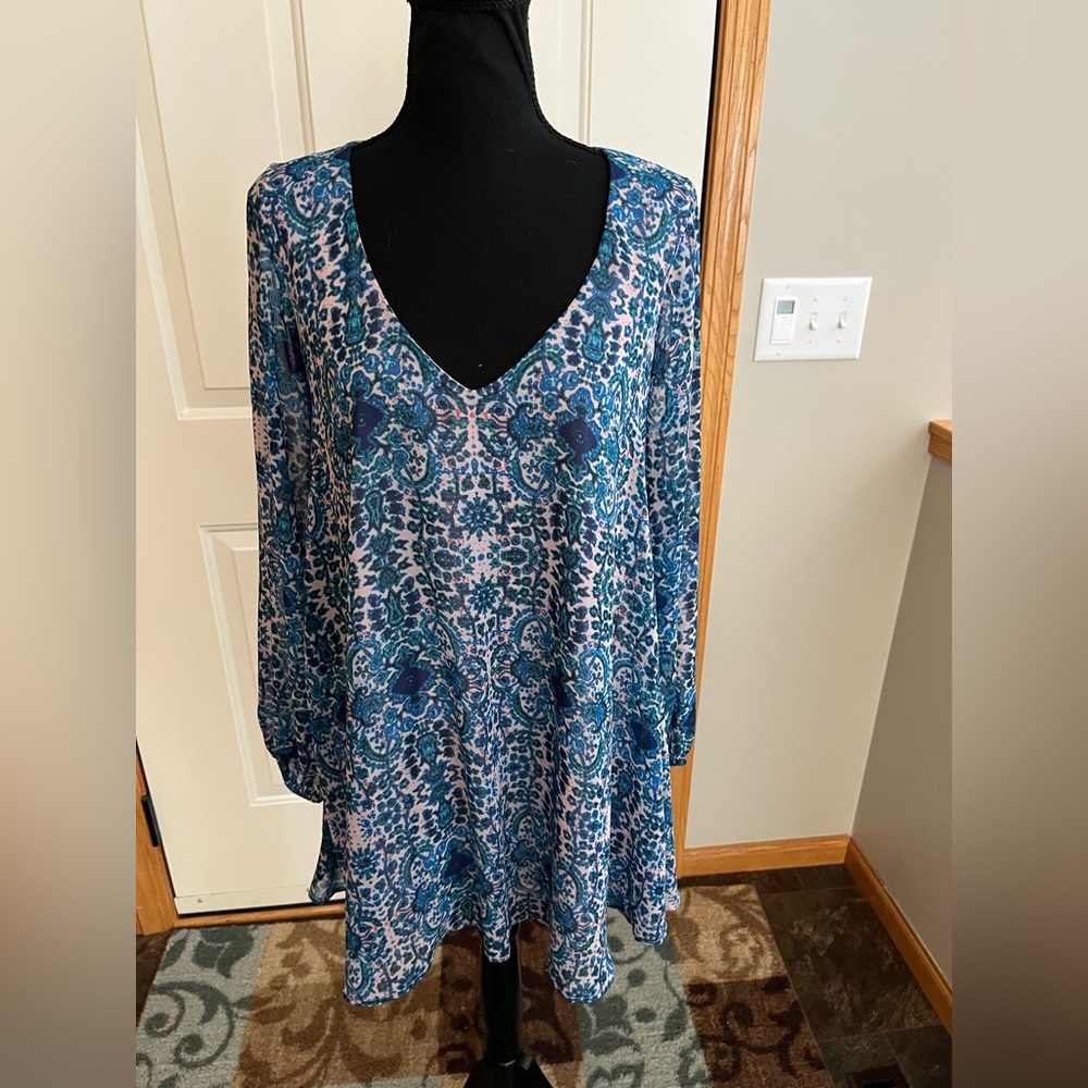 Show me your Mumu Donna Michelle blue pink baby doll tunic mini dress.Size small